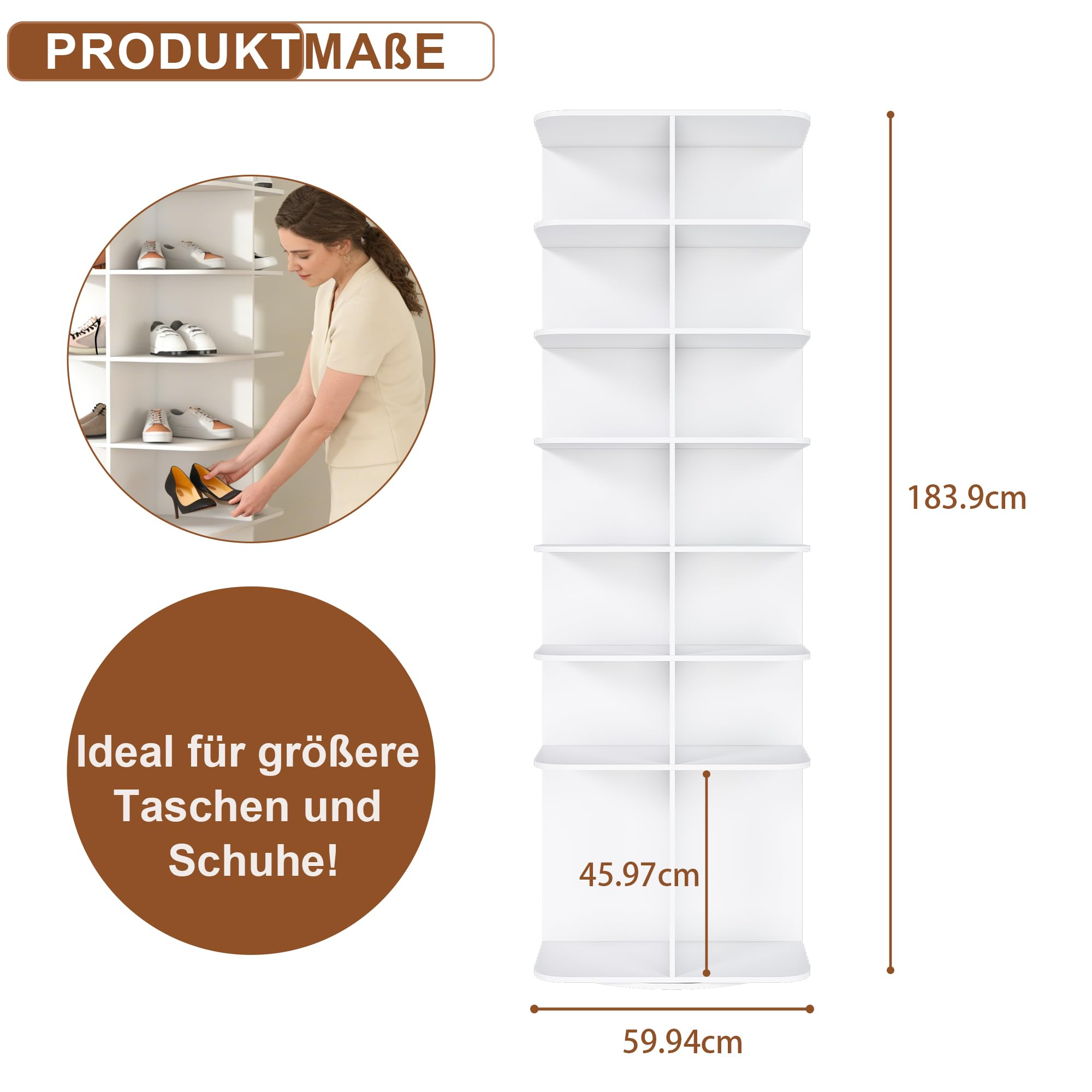 Taikonaut Schuhregal drehbar, Schuhständer, Ebenen Schuhorganizer aus PVC, 360 Grad Schuhregal-Turm, freistehend, weiß, für 28 Paar Schuhe, 60 60 184 cm