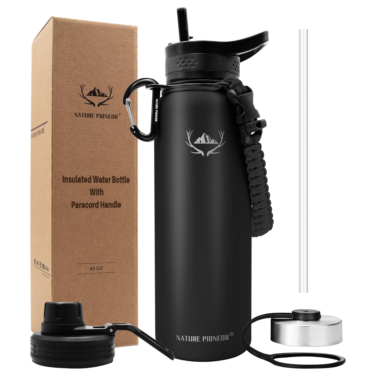 NATURE PIONEOR Insulated Water Bottles with Paracord Handle - 24/32/40/64 oz Vacuum Sports Wide Mouth Water Bottle with 3 Lids, Leak Proof Stainless Steel Keeps Hot and Cold