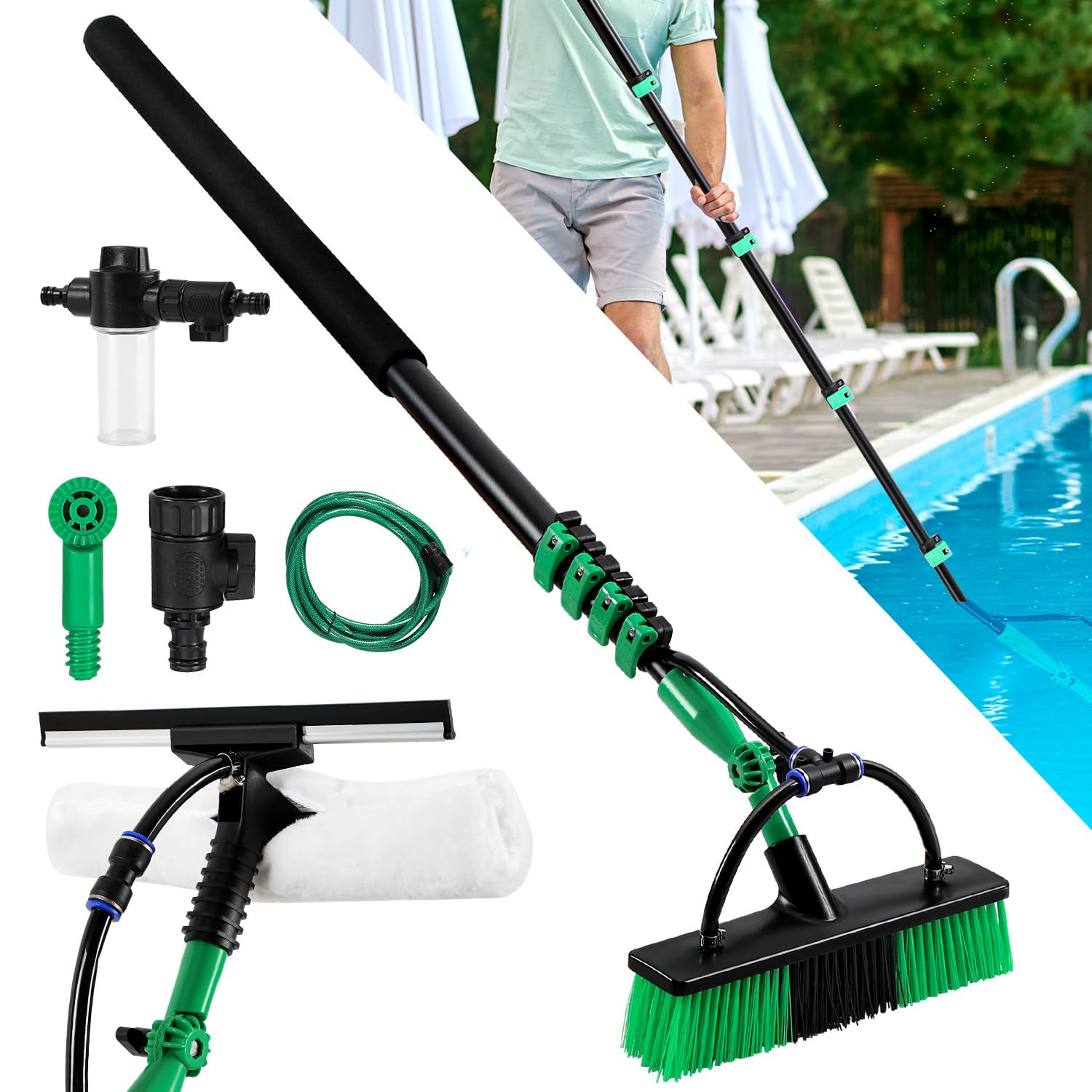 Cepillo de lavado telescópico de 3,6 m, cepillo de lavado con mango telescópico para ventanas, bordes de piscina, cepillo telescópico con conector de agua, aluminio, cepillo de limpieza de PVC