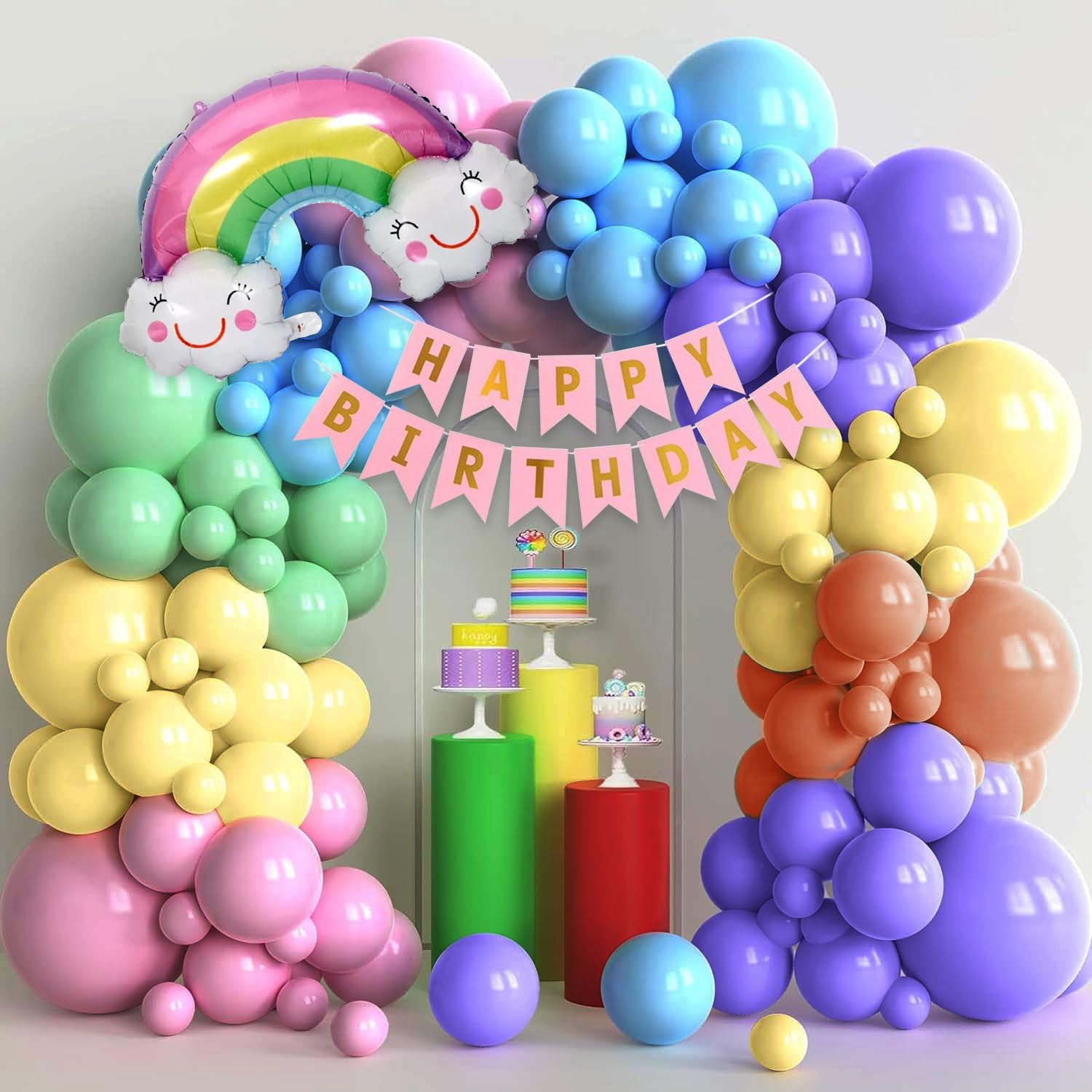 Party Propz Rainbow Theme Decoration- 63 Pcs, Happy bIrthday Decoration Kit, Multicolor Birthday Decoration Items for Kids, Rainbow Foil Balloon, Pastel Balloons, Glue Dot, Banner(Cardstock)