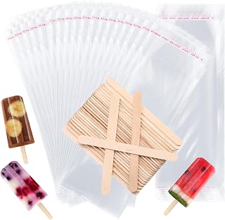 Patelai 1000 Pcs Ice Lolly Sticks and Plastic Bags Set, Clear Self-adhesive Plastic Bags and Ice Lolly Sticks for Family Gathering Summer Party, 4.49 Inch, 8.27 x 3.15 Inch