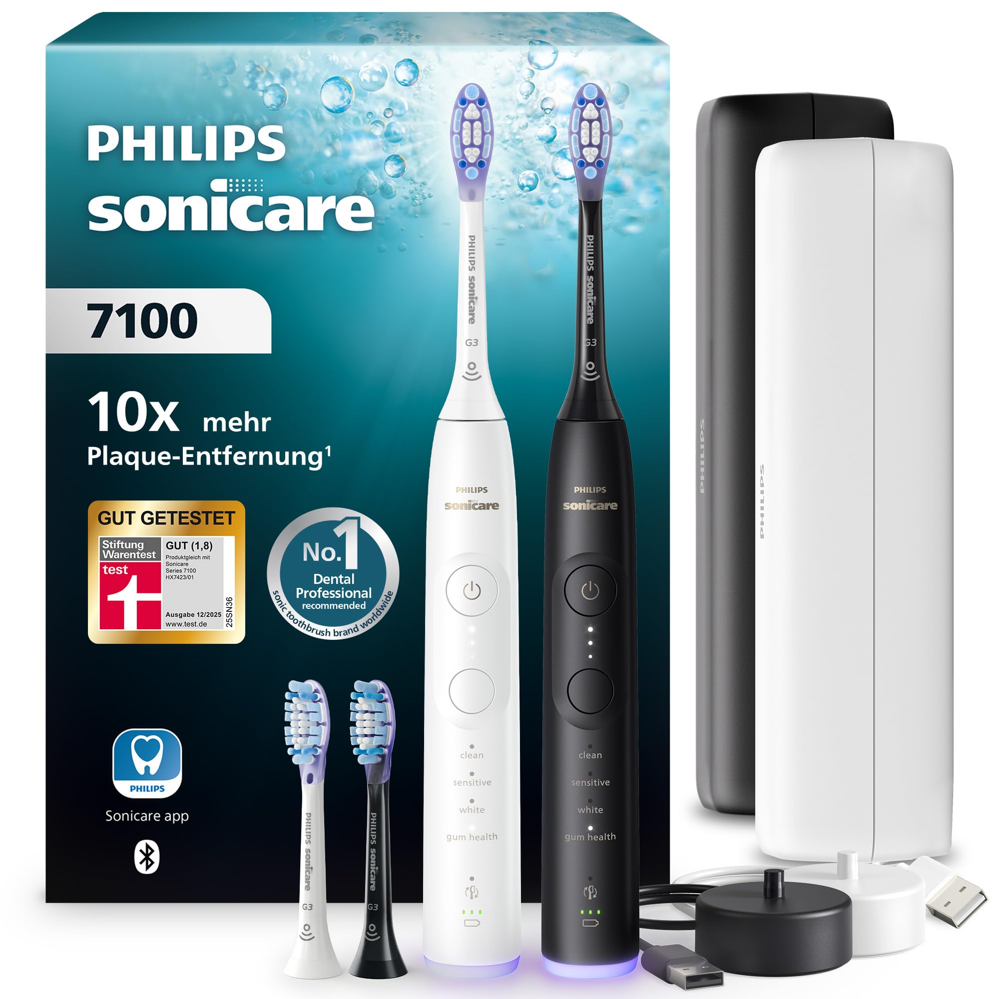 Philips Sonicare Series 7100 Elektrische Zahnbürste – Technologie der nächsten Generation, Drucksensor, 12 Putzeinstellungen, 21 Tage Laufzeit, Reiseladeetui, Weiß & Schwarz, Doppelpack, HX7429/04