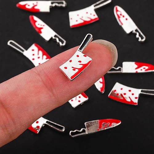 Miniatura 4 de Dijes de uñas de cuchillo sangriento de Halloween, gemas rojas plateadas, suministros de cocina metálicos 3D, joyería gótica afilada para mujeres y