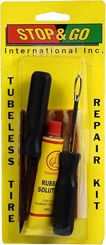 Stop & Go 76002 Kit de reparación de neumáticos sin cámara de 8 piezas con tapón de cuerda y cemento de goma para pinchazos y planos en motocicleta,