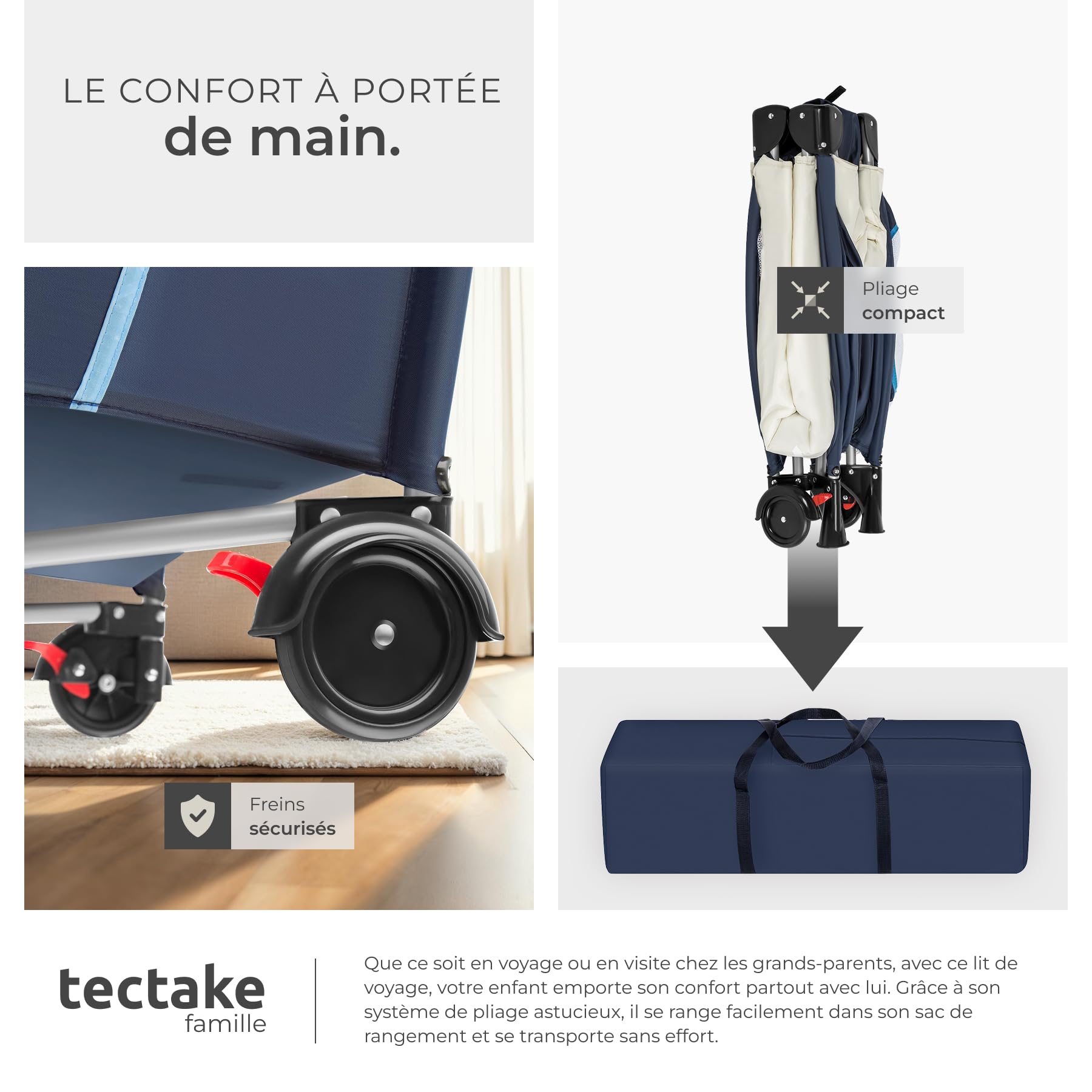 tectake® Lit Parapluie avec matelas Pliable Lit Bébé voyage léger réglable sur roulettes avec Accessoires bébé & Sac de Transport, Mobilier enfant idéal pour Maison ou Voyage Equipement bebe Parc bebe