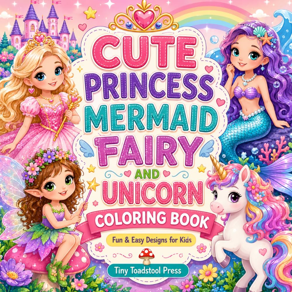 Cute Princess Mermaid Fairy and Unicorn Coloring Book: Fun & Easy Designs for Kids (Tiny Toadstool Press Activity Collection)