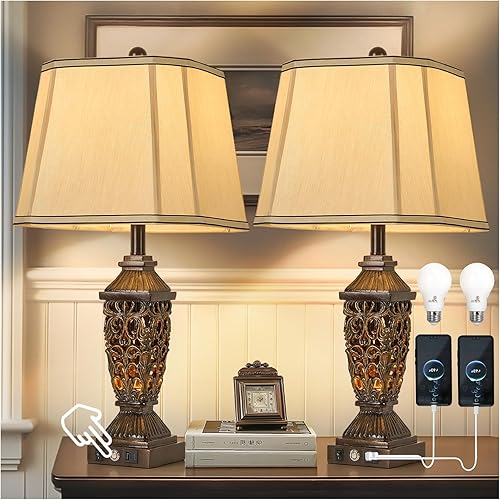 Miniatura 11 de Juego de 2 lámparas de mesa tradicionales táctiles de 29.5 pulgadas de alto, lámparas de mesita de noche vintage con doble USB y luz nocturna, 3
