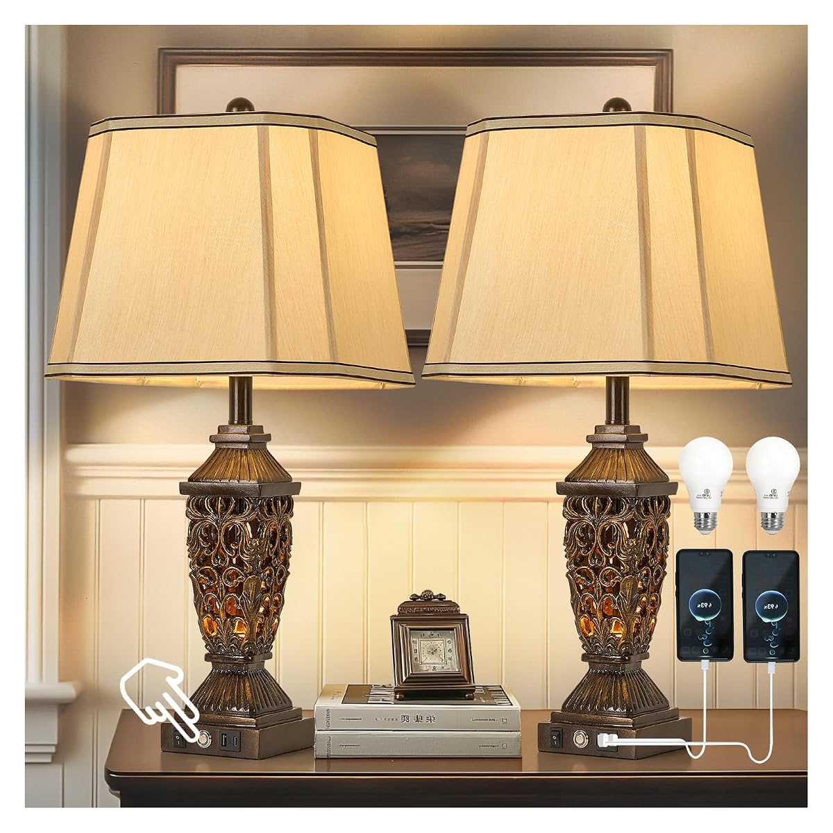 AIDENOEY 27.5in Farmhouse Table Lamp with USB & USB-C Ports, 3-Color Dimmable,
