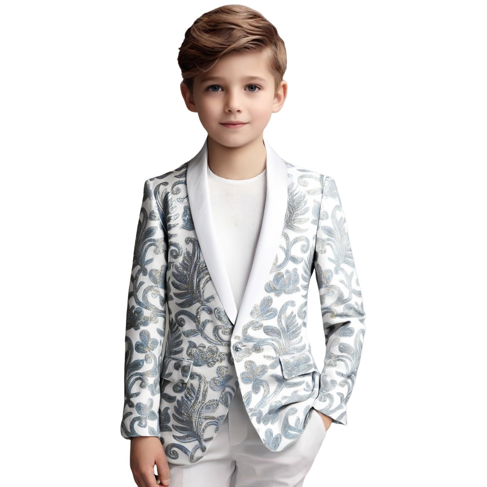 Veste de Costume Enfant Garçon Paillette, Veste d'honneur Mariage Cérémonie Soirée, Manteau Blouse Gentleman Smoking Blazer Brillant, Vêtement à Paillettes pour Carnaval Noël Enfant 4-16 Ans