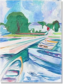 Edvard Munch Painting - Rowboats at Asgardstrand Canvas Wall Art, Fine Art Prints Reproduction Abstract Artwork, Natural Landscape Picture Cool Vintage Wall Decor for Bedroom Living Room Unframed (12x16in/30x40cm)