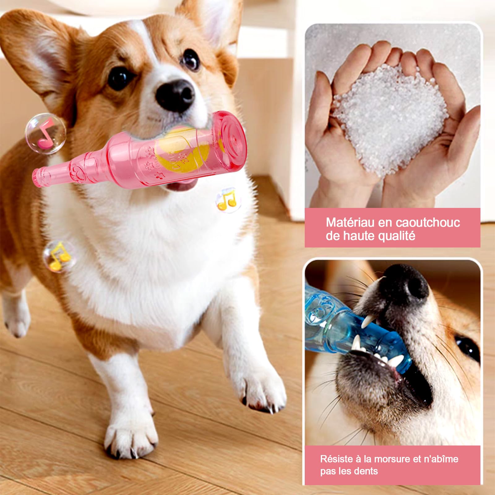 Jouet pour Chien en Bouteille de Caoutchouc, Jouets Interactif à Qui Couinement pour Chiot, Résistant à la Morsure Jouet pour Les dent pour Jeux Petits et Moyens Chiens (Rose)