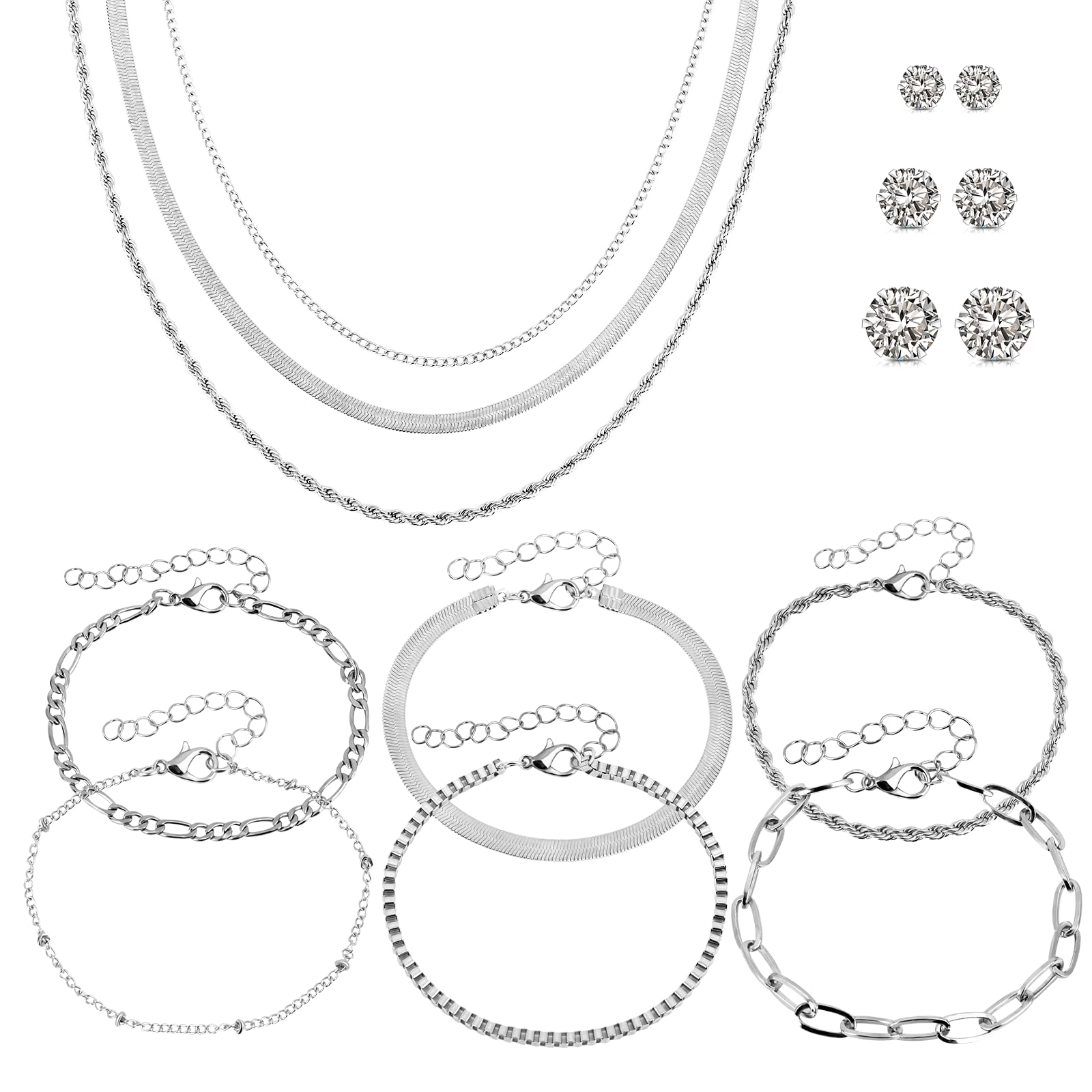 Alsanix12 PCS Gold Plated/Sterling Silver Jewelry Set,3 PCS Chain Necklace, 6 PCS Bracelet, 3 PCS Stud Earrings for Women Girls Valentine Anniversary Birthday Friendship Gift