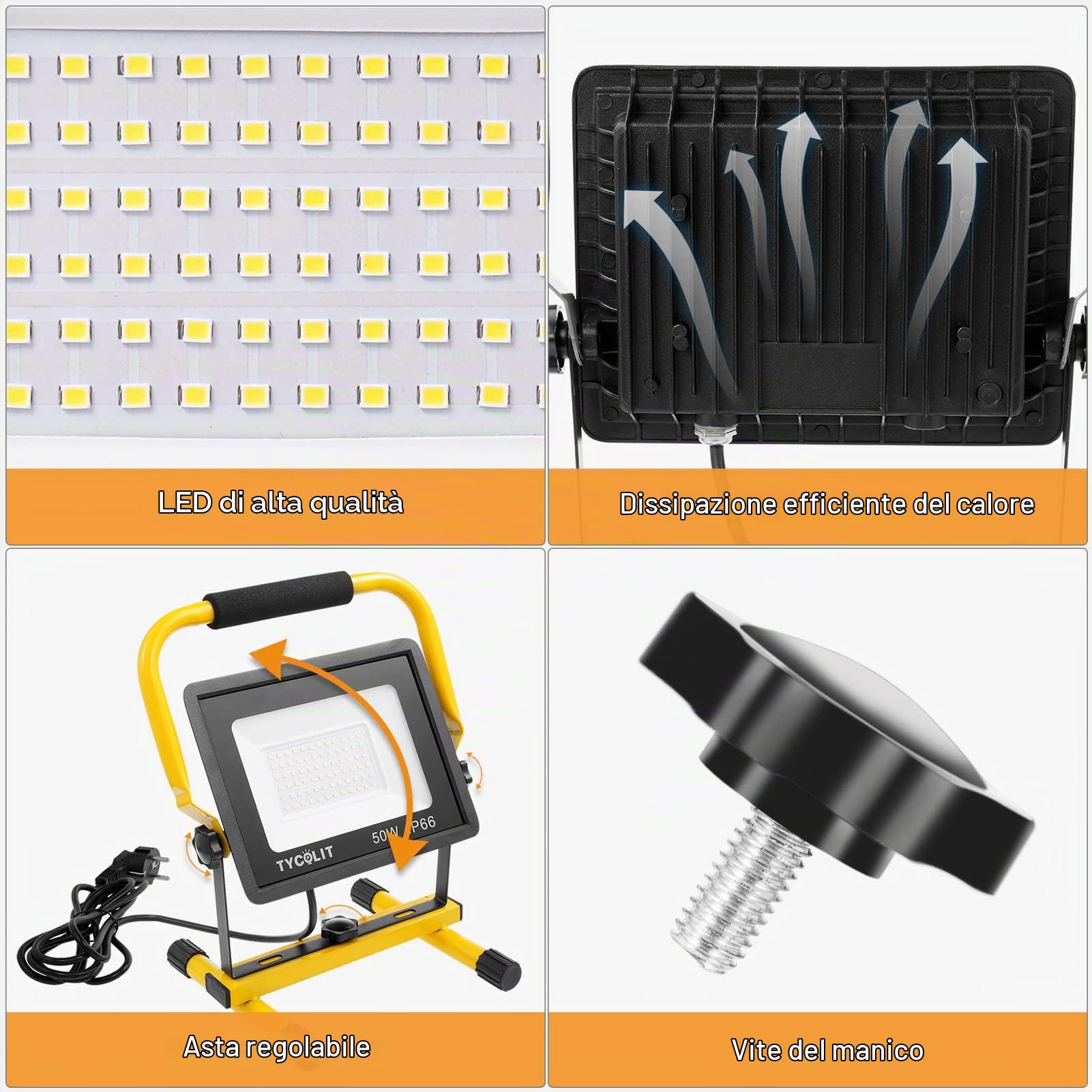Faretto LED da costruzione, 100 W, 10000 lm, 6500 K, bianco freddo, con spina, IP66, impermeabile, cavo 3 m, per officina, cantiere, garage