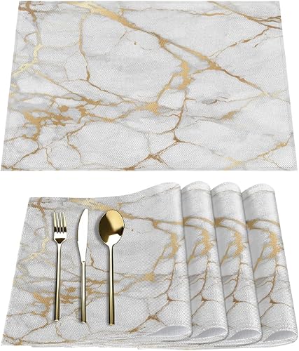 Juego de 6 manteles individuales cuadrados de tela con textura dorada de mármol para mesa de cocina, resistentes al calor, fáciles de limpiar, 12 x