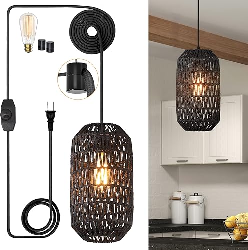 Miniatura 9 de Lámpara colgante boho enchufable de ratán con luces colgantes con cable de algodón de 15 pies y interruptor de atenuación sin escalones, lámparas