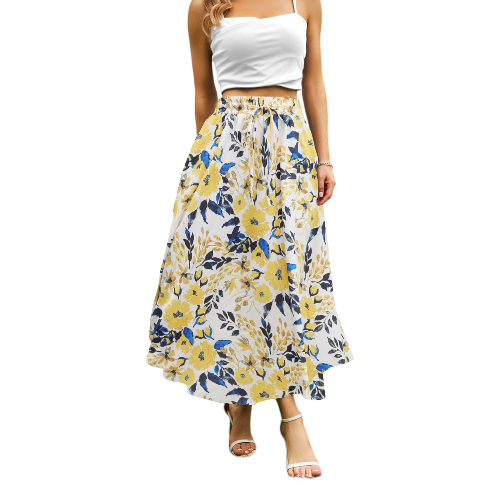 Midi Skirts for Women with Pockets and Lining Floral Yellow S