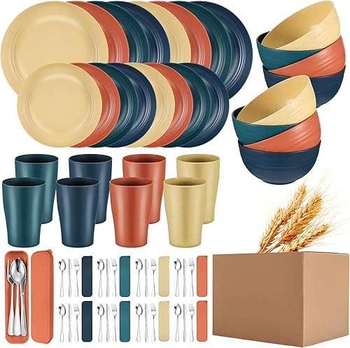 Pinkunn Juego de vajilla de paja de trigo de 64 piezas con cubiertos de acero inoxidable irrompibles y cuencos coloridos para cocina, microondas,