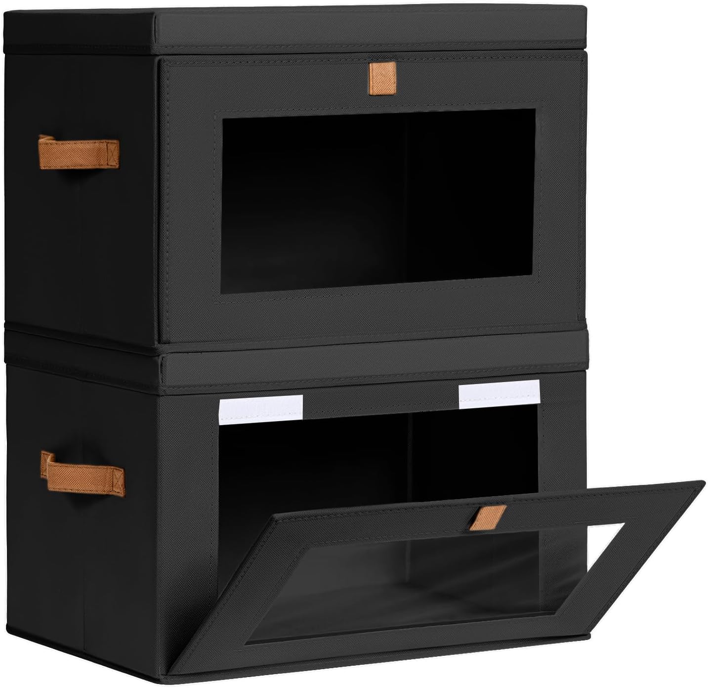 Collapsible Storage Bins - Large Stackable Organizer Bins, Decorative Boxes with Handles & Window, Fabric Containers for Living Room, Closet, Dorm, 2 Pack, Black Black Large - 2 Pack