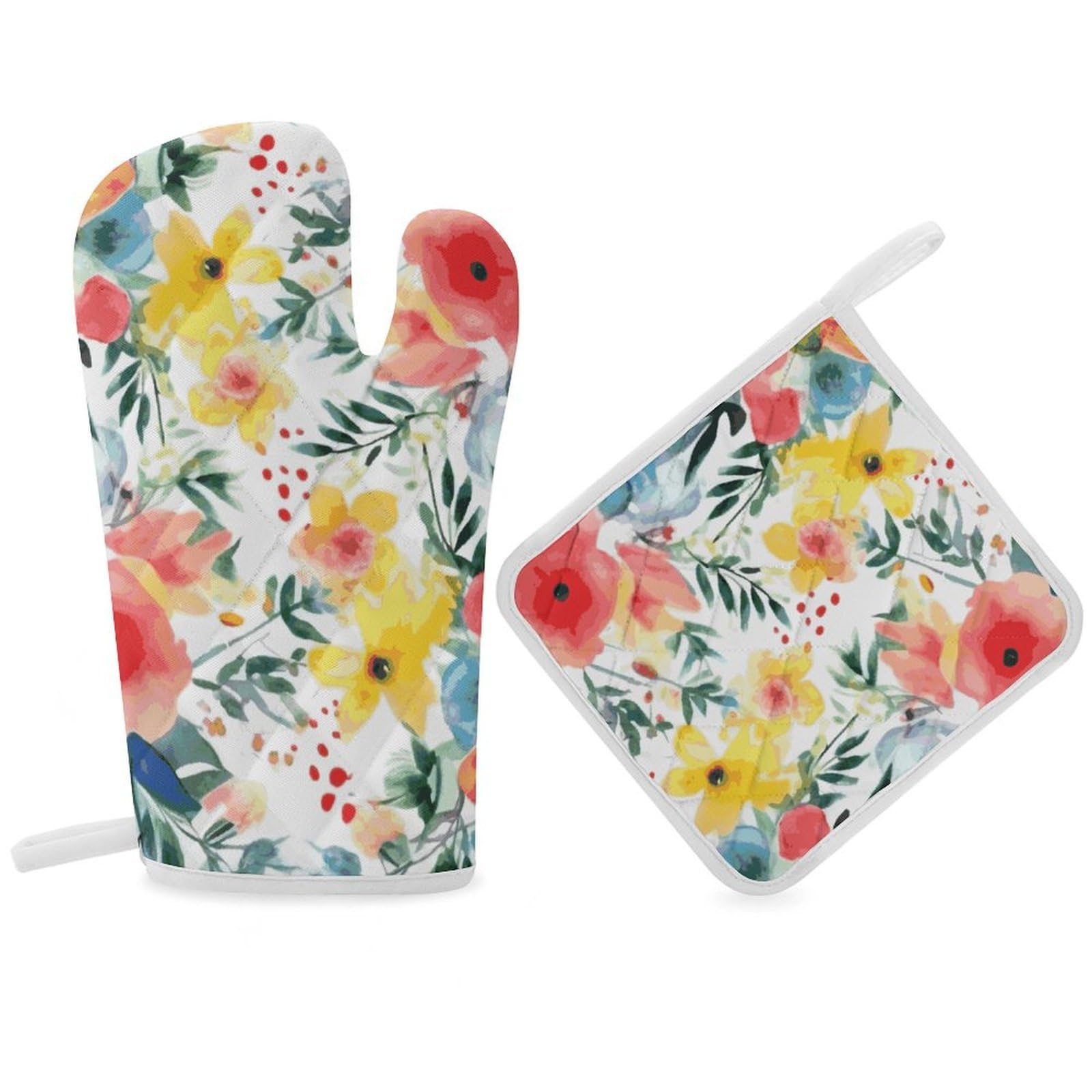 Bright Floral Watercolor Oven Mitt Thick Substantial Heat Insulation Gloves Soft Skin-Friendly Temperature Resistant Oven Mitts for Cooking Lover Cooks