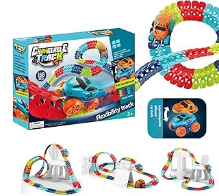 Car Race Track Toys Set, Flexible Trains Tracks With 2 Race Trucks, Changeable Track with LED Lighting Race Car Flexible Rail & Electric Car Set Toys Gifts for 3 4 5 6 Years Old Boys Girls Kids