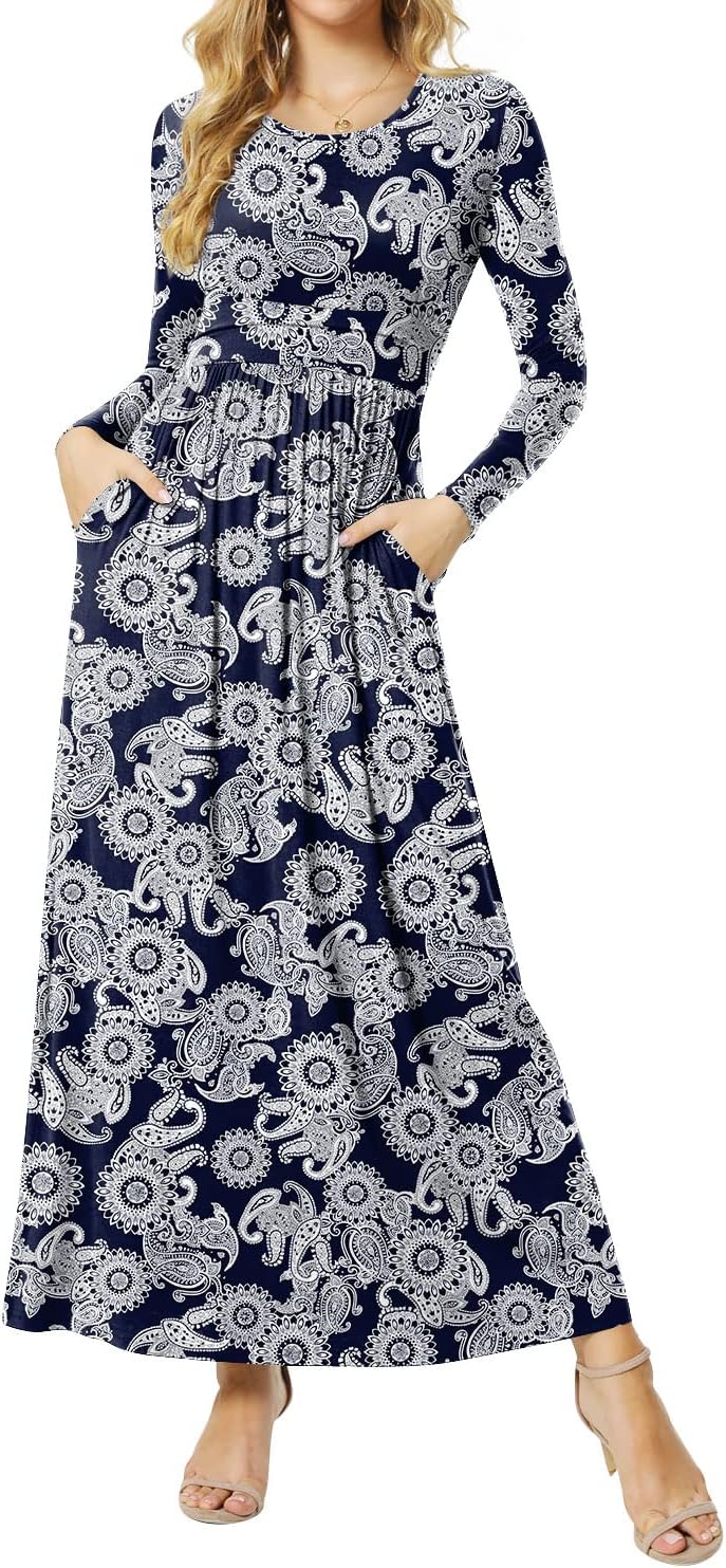 CATHY Women's Empire Waist Bodycon Maxi Dress Crewneck Casual Long Dresses with Pockets, S, 01 Sun Flower