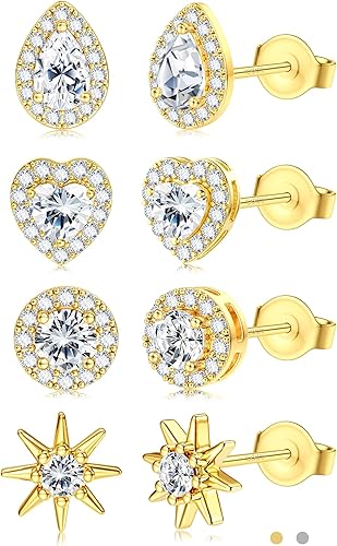 SAILIMUE Hypoallergenic Sterling Silver Stud Earrings for Women Men Brilliant Heart Knot Round Cubic Zirconia Earring Studs for Sensitive Ears Gold Silver Tone