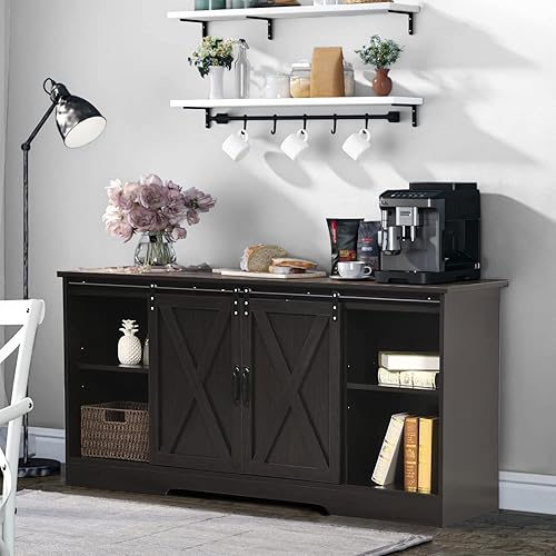 Armario de café de granja con puerta corrediza de granero, gabinete de almacenamiento de buffet de 58 pulgadas, gabinetes de cocina y aparador para