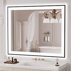 LOAAO 40"X32" LED Bathroom Mirror Black Framed, Anti-Fog, Dimmable, Lighted Bathroom Vanity Mirror for Wall, Memory Function, Tempered Glass