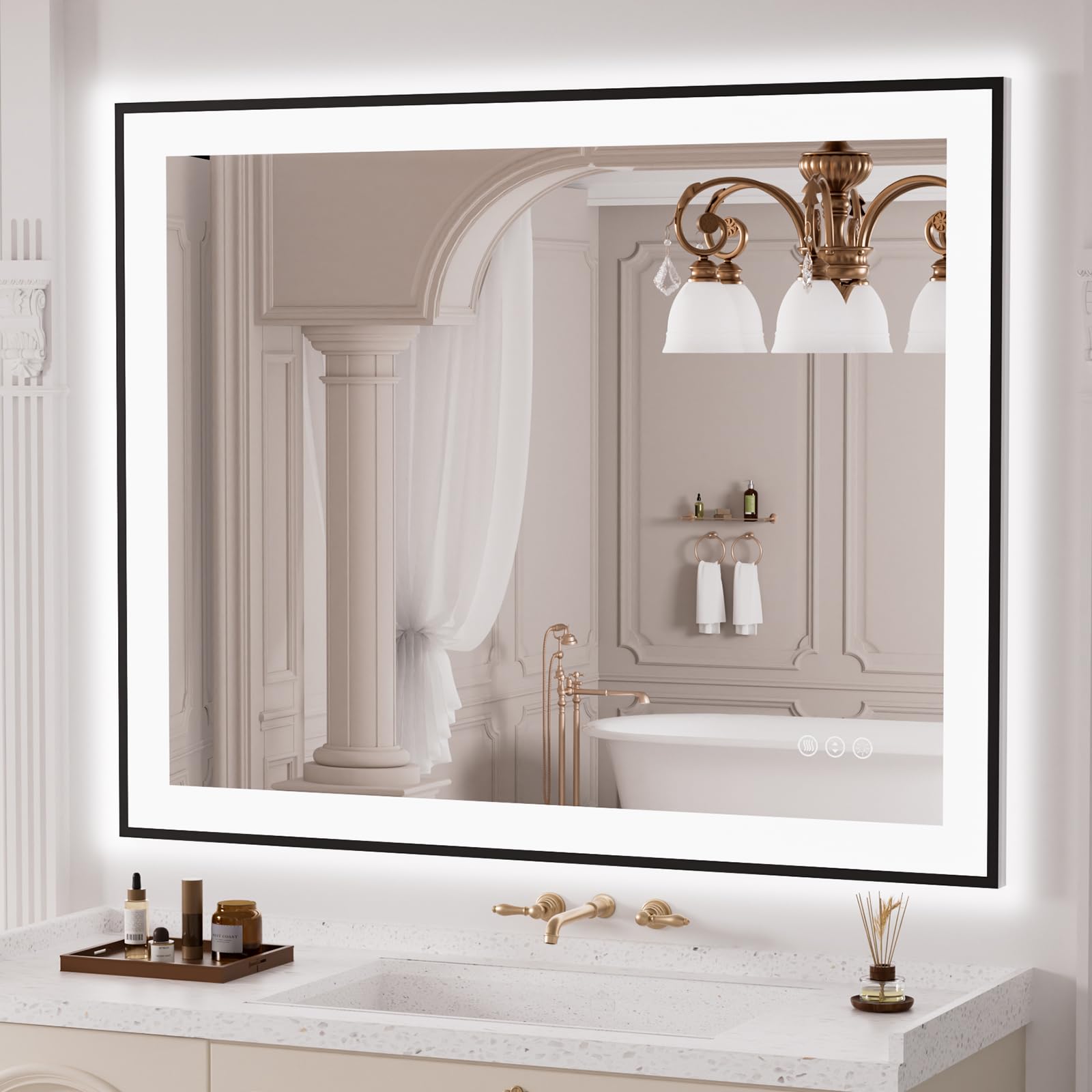 loaao 40"x32" led bathroom mirror black framed, anti-fog, dimmable, lighted bathroom vanity mirror for wall, memory function, tempered glass