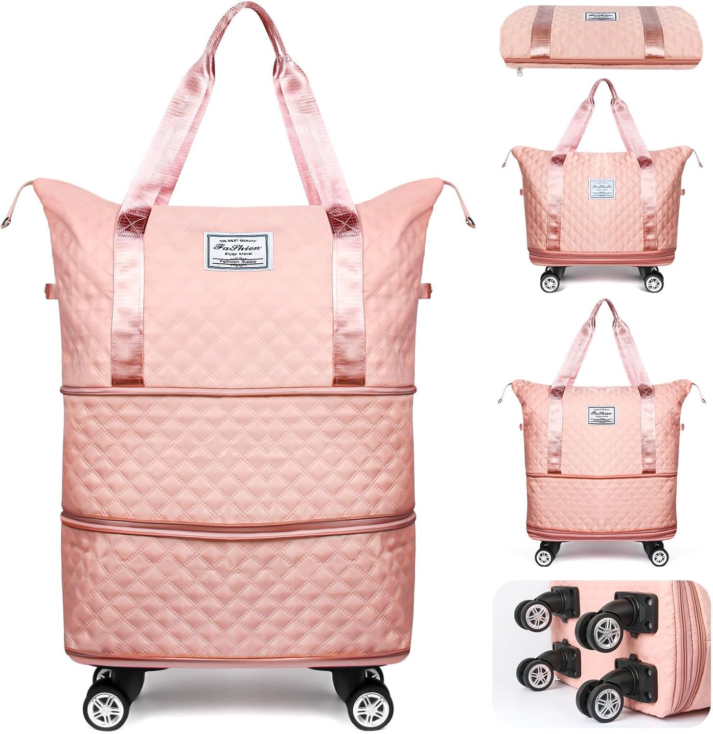 2 Layer Nylon Duffle Trolley Bag for Traveling/Extendable Luggage with 4 Wheels/Waterproof Travel Bag/Convertible Luggages for Men and Women/Travelling Bags(Pink)-image-31