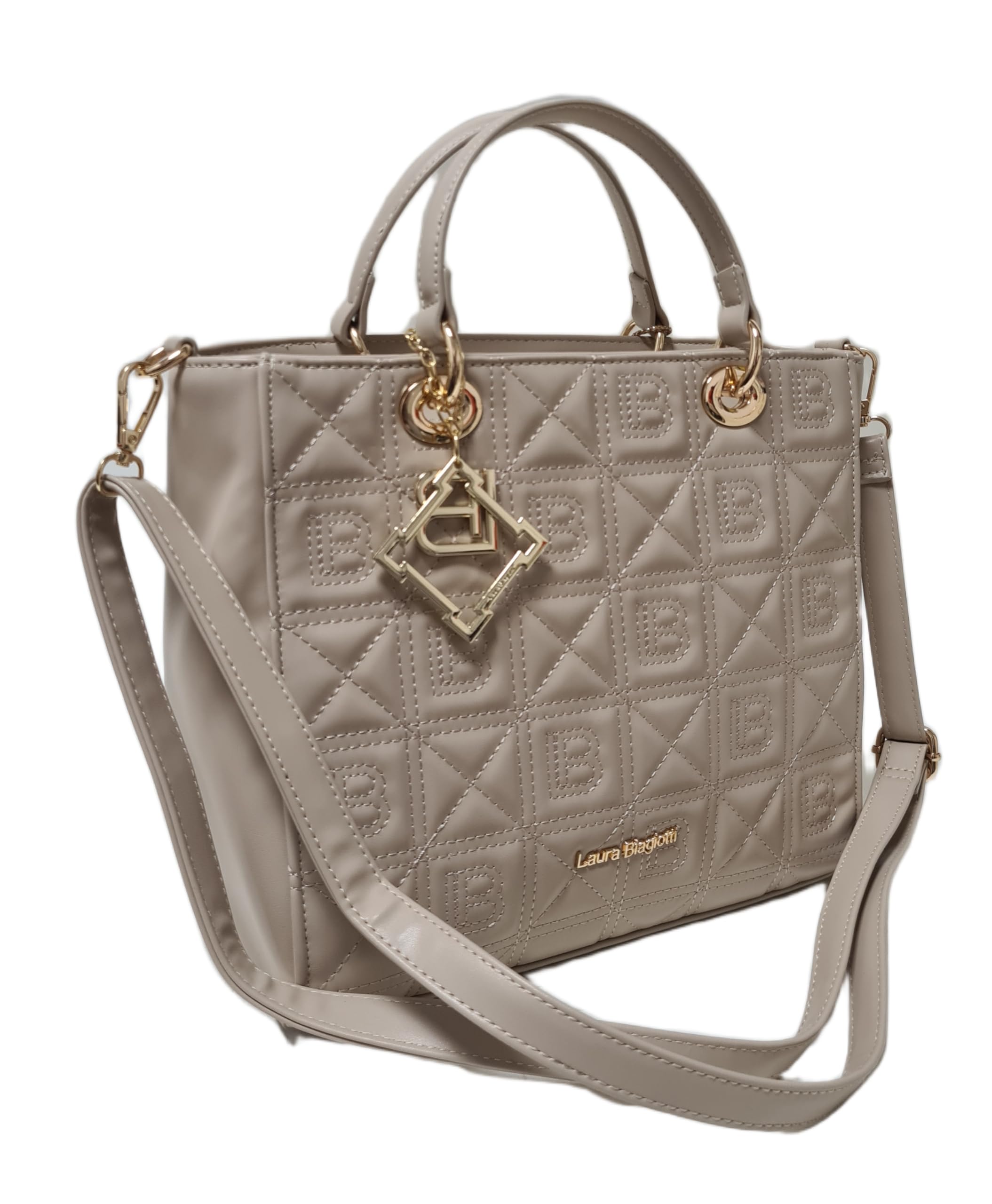 Laura Biagiotti Bolso de mano y bandolera línea Odaly, piel sintética acolchada en la parte delantera, con logotipo LB, dimensiones 28 x 25 x 14 cm Art: LB26S-116-1 (natural) | Ligera