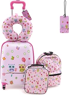 HOMFME 5PCS Kids Luggage Set, 16 Inch Children Suitcase and 13 Inch Backpack Set with Neck Pillow, Lunch Bag, Name Tag, Hard Shell Toddler Trolley Suitcase for Boys Girls (Owl, Pink)