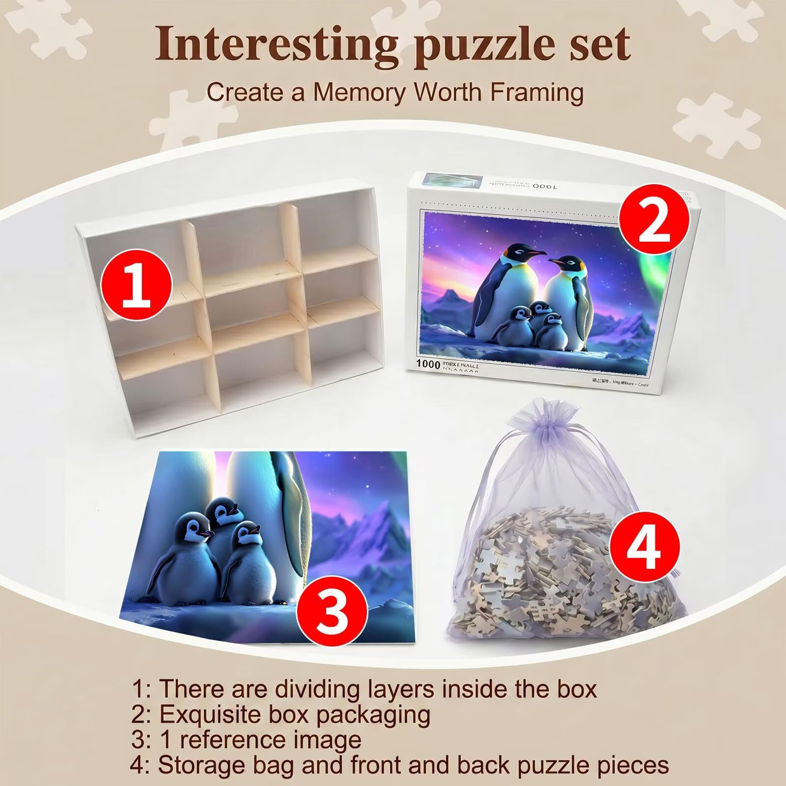 Pingwin Aurora Puzzle 1000 sztuk dla dorosłych, drewniane puzzle - klasyczna kolekcja z plakatem, w zestawie - Koncentracja i rozrywka antystresowa, rodzinna gra edukacyjna, 75 x 50 cm f0-829