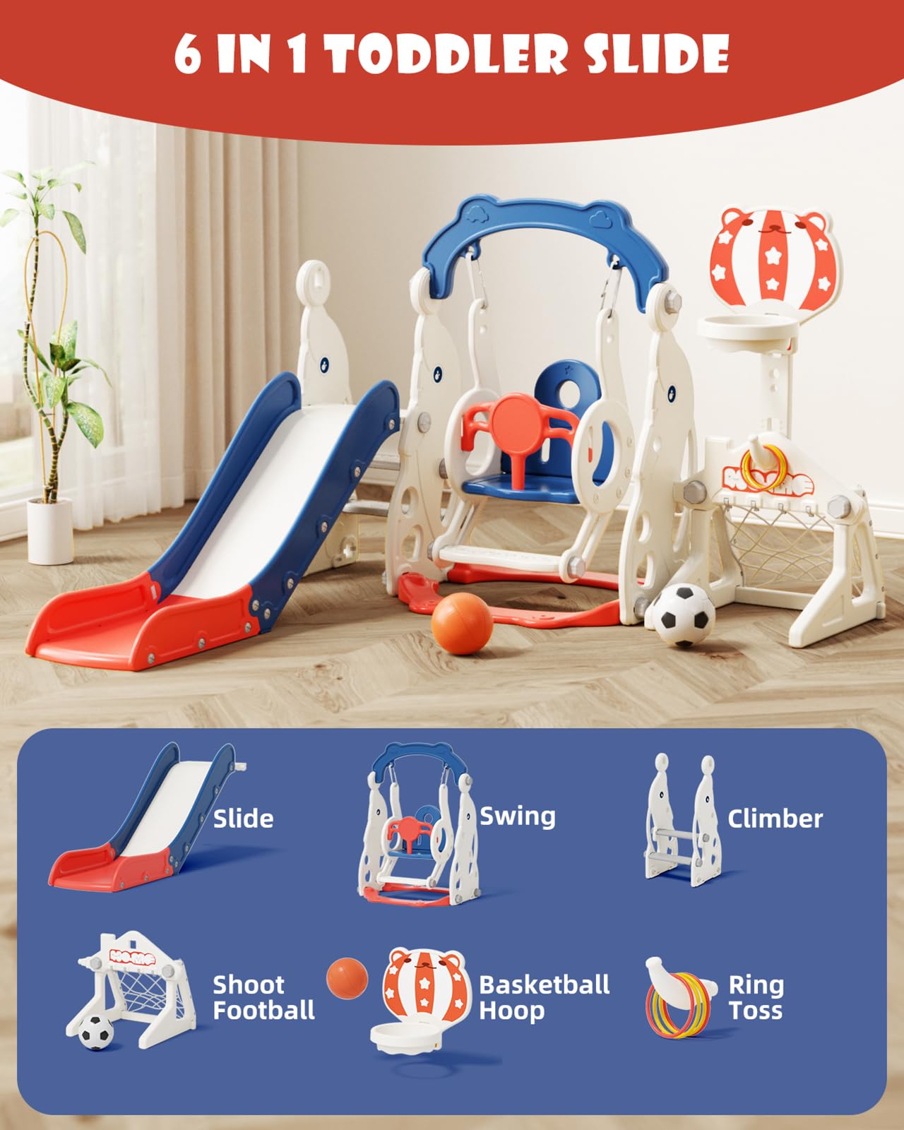 Glaf 6 in 1 Toddler Slide and Swing Set Kids Slide for Toddlers 1-3 Outdoor Playset Indoor Playground Baby Climber Toys with Basketball Hoop (Blue with Goal)