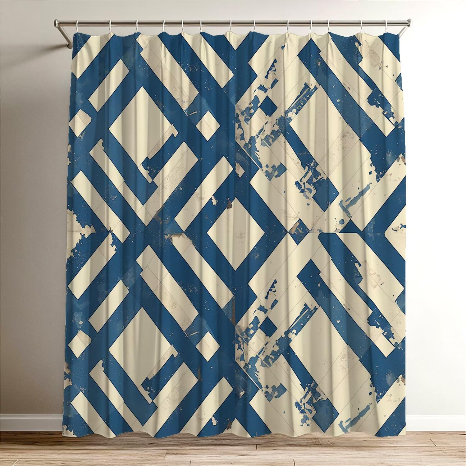 Wy-204 zasłona prysznicowa, niebieska, geometryczna, 180 x 220 cm, z 12 pierścieniami, wodoszczelna, z poliestru