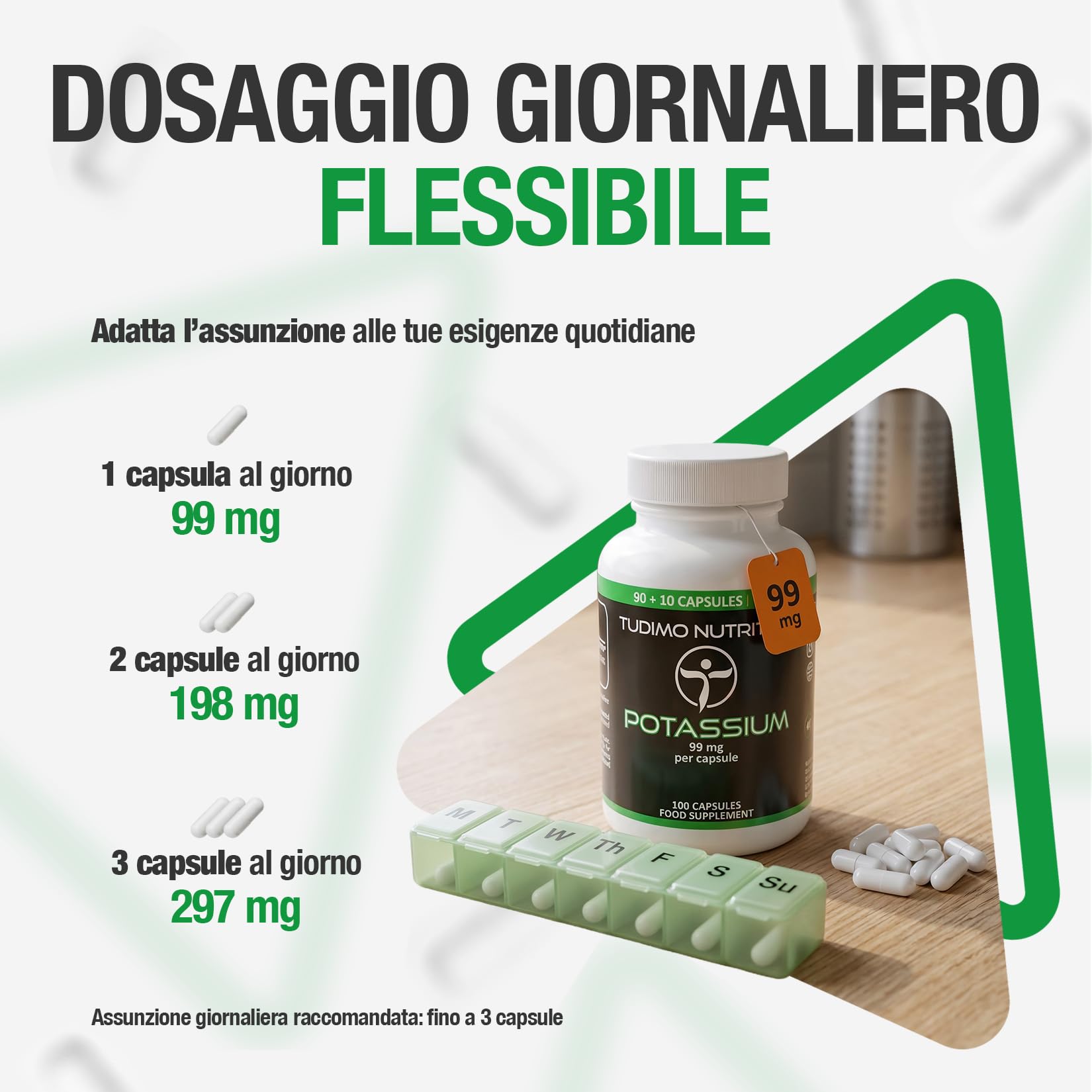 Potassio Integratore Capsule 99mg - 100 pz di Capsule a Disgregazione Rapida con 99 mg Gluconato di Potassio Polvere Puro Qualità Premium