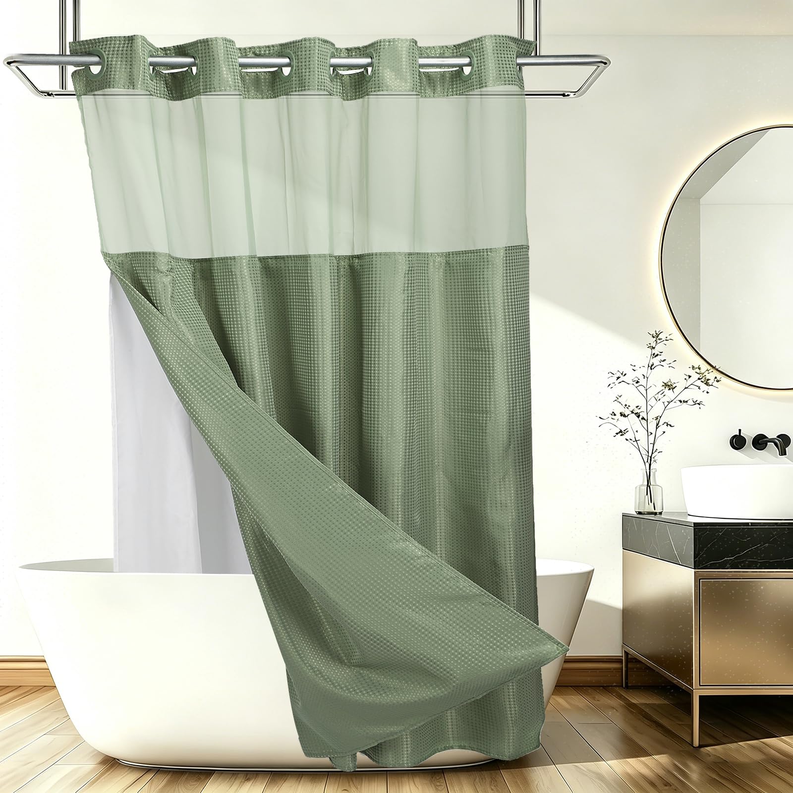 DTGN No Hook Shower Curtain, 180Wx183L cm Polyester Snap-in Removable Liner Set, Waterproof Washable Waffle Weave Textured Shower Curtains for Home Bathroom Hotel, Green
