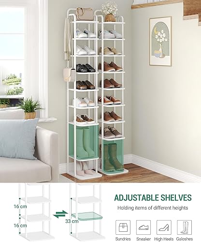 Miniatura 4 de Zapatero vertical de 10 niveles, torre de zapatos estrecha, estante alto para zapatos con 2 ganchos, estantes ajustables, estantes de esquina para