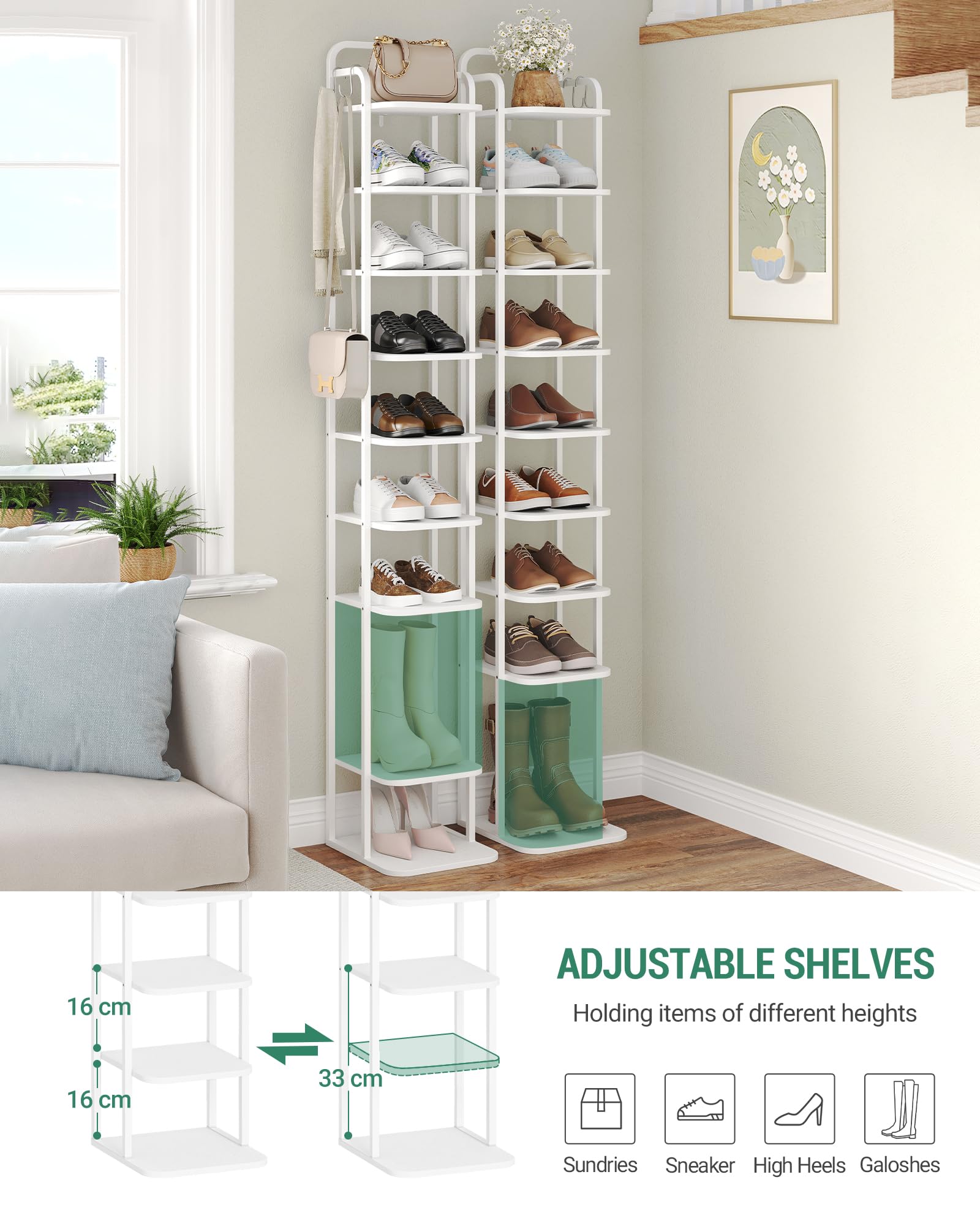 Hzuaneri Zapatero Vertical, Zapatero de 10 Niveles, Ahorra Espacio | Torre Para Habitaciones Pequeñas, Independiente, Ajustable, Blanco, SR11213W