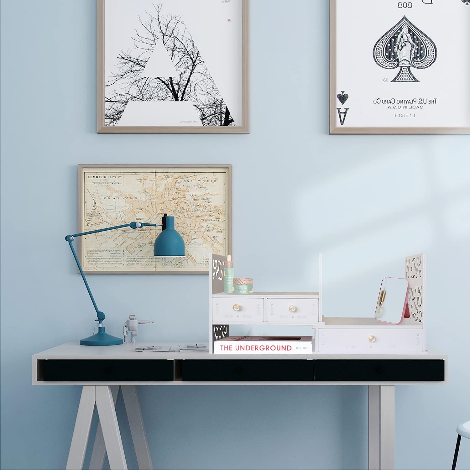 YGYQZ Bookshlef Desktop Storage Organizers with Drawers - Desk Office Supplies Kawaii Bookcase Adjustable Shelves Organization for Room Home Workspace Displayshlef Essentials for Man Women Girls Kids : Office Products