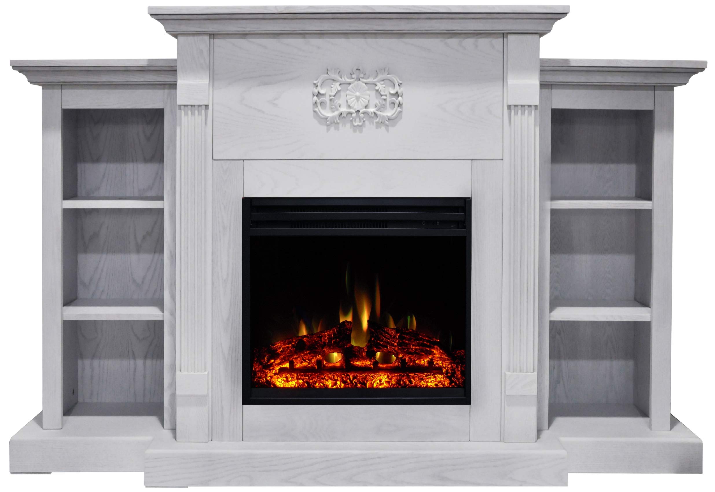 Hanover Classic 72'' Electric Fireplace Mantel TV Stand with Deep Log Display and Realistic Multi-Color Flames, Modern Electric Fireplace with Mantel for Home with Built-In Bookshelves and Remote