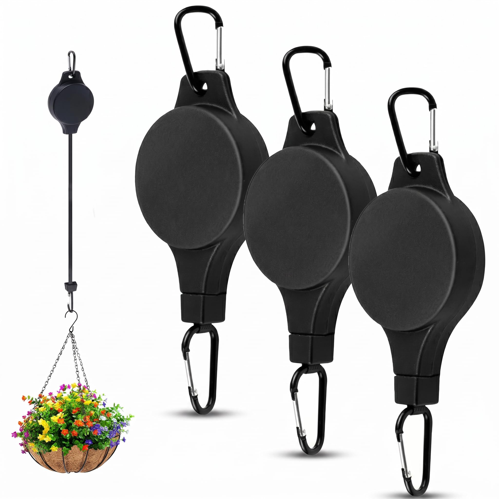 Hanging Basket Pulley, Adjustable Retractable Heavy Duty Plant Hanger Hook, Plant Pulley System for Watering Hanging Baskets, Bird Feeders & Outdoor Planters (3PCS)