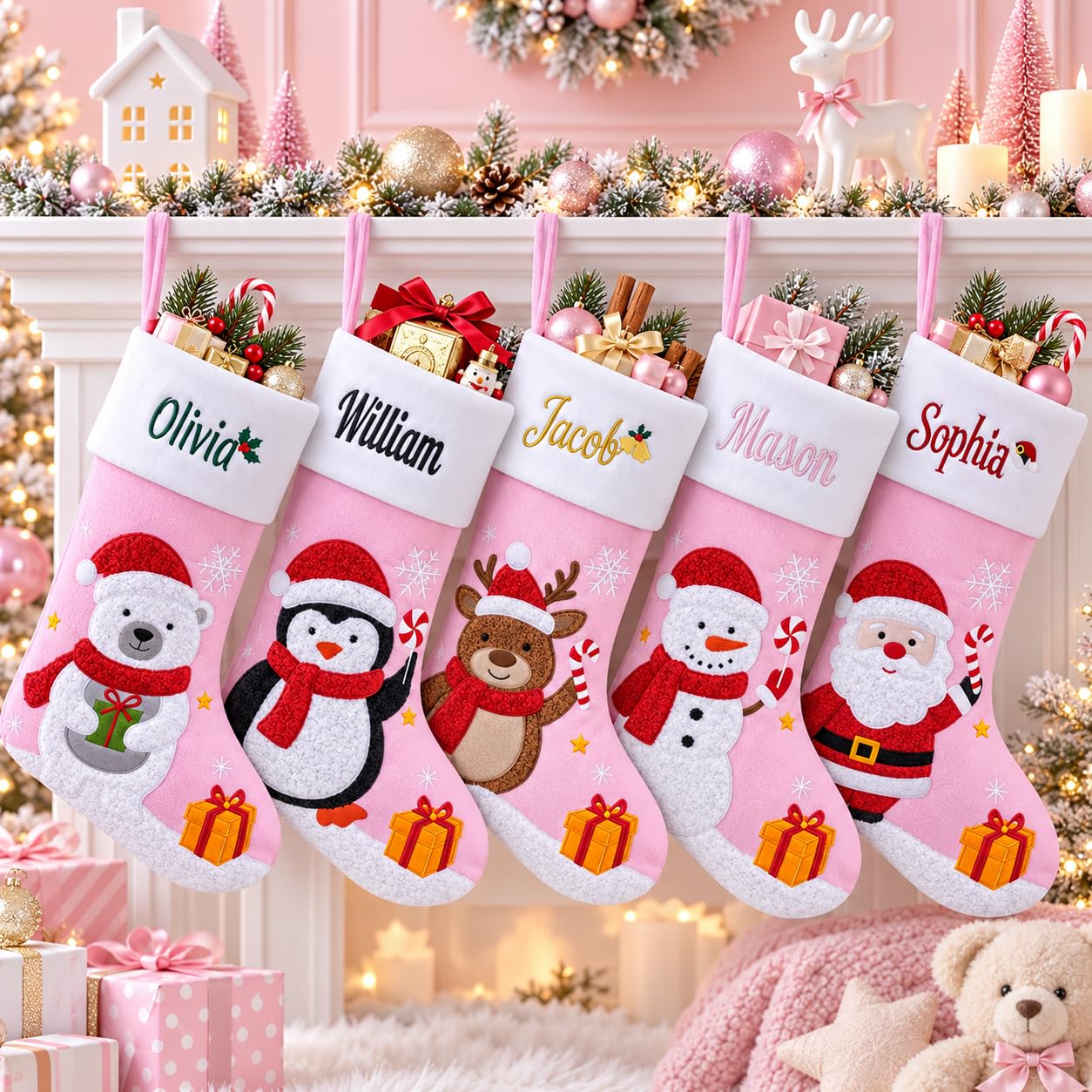 Infiher Personalised Christmas Stockings with Embroidered Name & Monogram,Custom Embroidered Pink Christmas Stocking,Santa,Snowman & Reindeer Stocking for Family & Fireplace Holiday Decor(5 Pack)