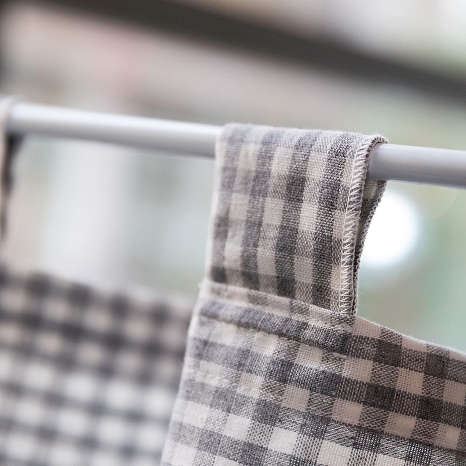 A.Monamour Gardine Scheibengardinen Kurzstores Tab-Top Grau Kariert Baumwolle Leinen Blickdicht Mit Spitze Kurzvorhang Kurzgardinen Küchengardine Küche Vorhang Fenster Kurz Stores Bistrogardine