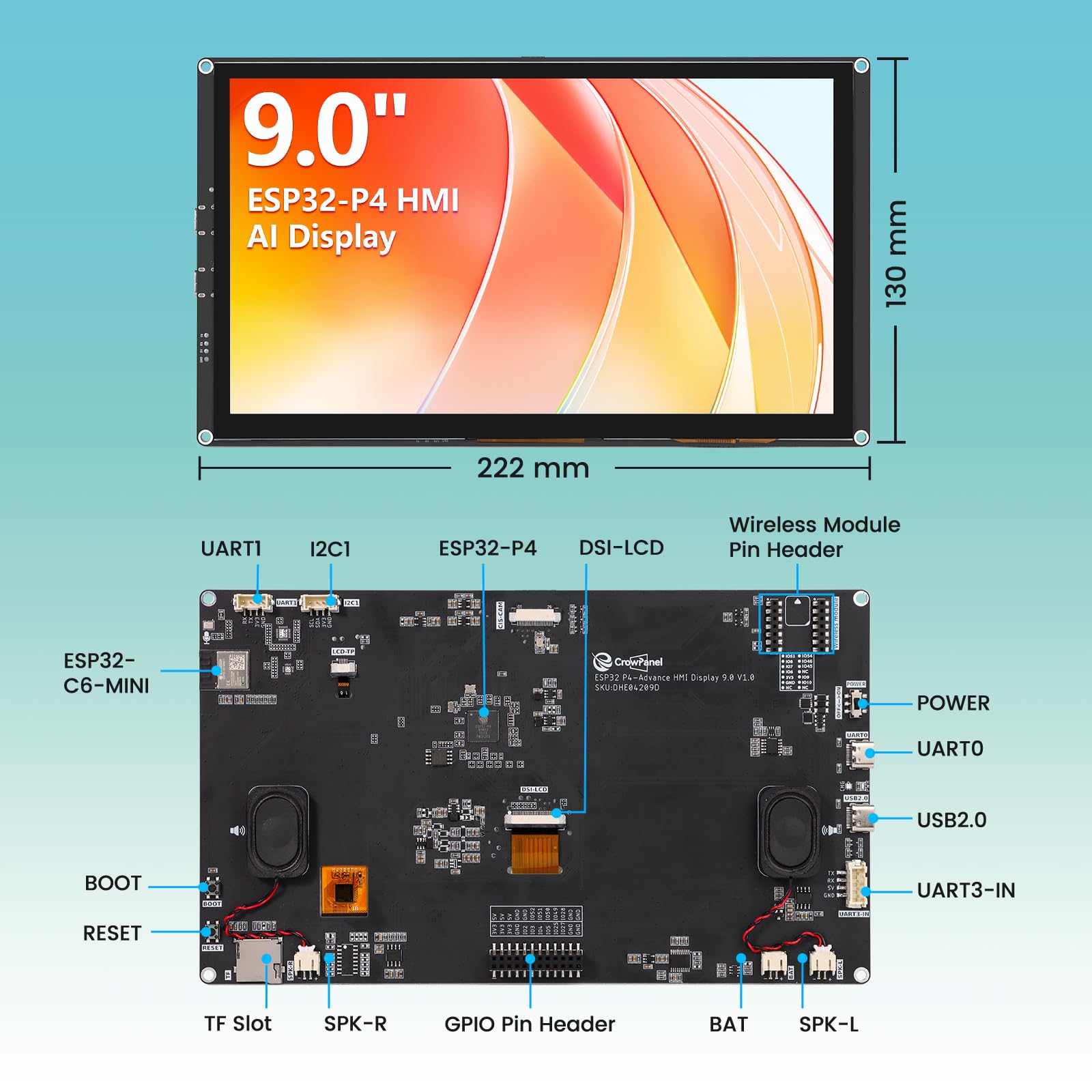 ELECROW ESP32 Display 1024x600, 9 Zoll HMI ESP32-P4 IPS Touchscreen, Unterstützung für KI-Sprachinteraktion, ESP32-P4 Dual-Core-Prozessor, bis zu 400MHz, kompatibel mit Arduino, LVGL (ohne Kamera)