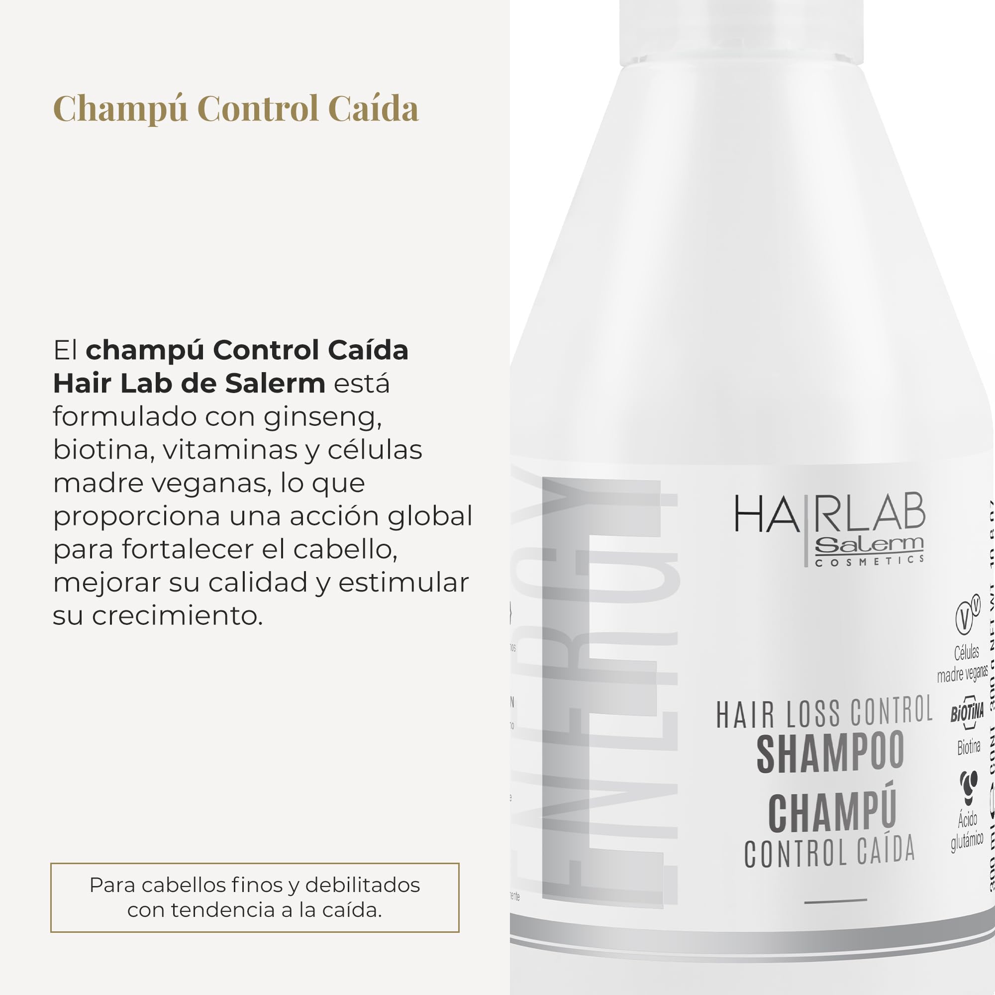 SALERM Champú Anticaída Control Caída Hair Lab 300 ml Fortalece Cabello Fino y Debilitado con Ginseng, Biotina y Vitaminas