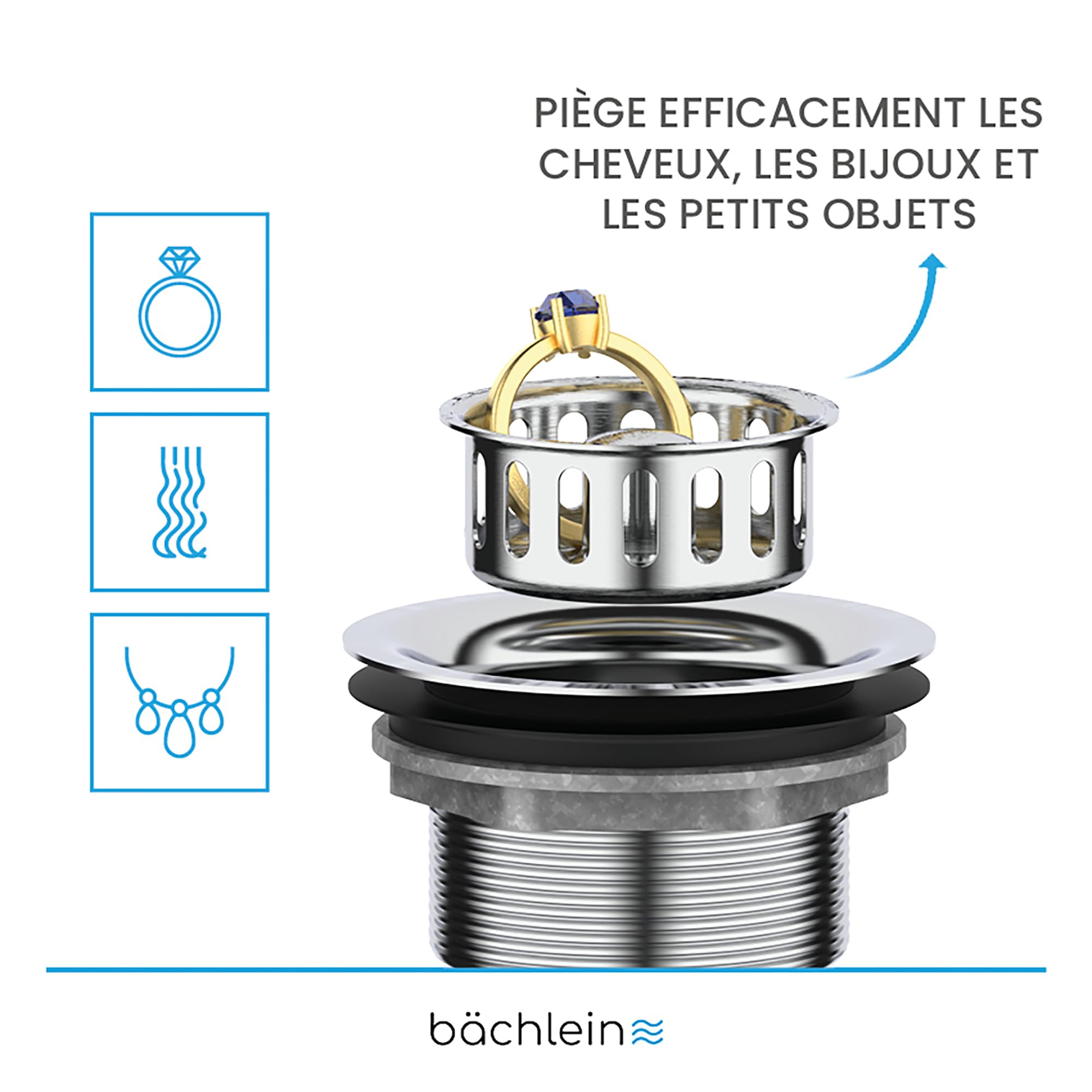 Bächlein Bonde de vidange Pop Up sans trop-Plein pour l'évier [Ø 70 mm], Pop Up pour la Cuisine, vidage d'évier en Acier Inoxydable Poli, bonde de trop-Plein, Valve de vidange, Bouchon de vidange
