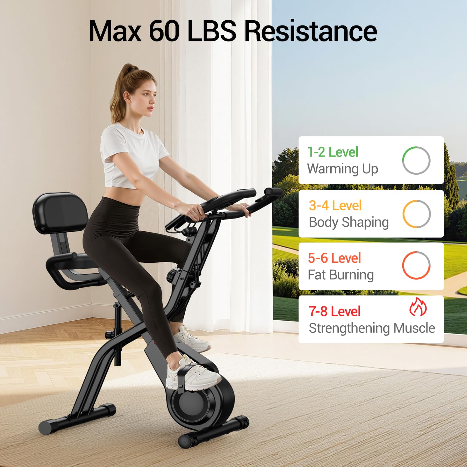 UMAY Velo d appartement pliable, 5-en-1 Velo appartement pliable, équipé d'une résistance silencieuse à 16 niveaux. Vélos d'appartement avec surveillance de la fréquence cardiaque et écran LED
