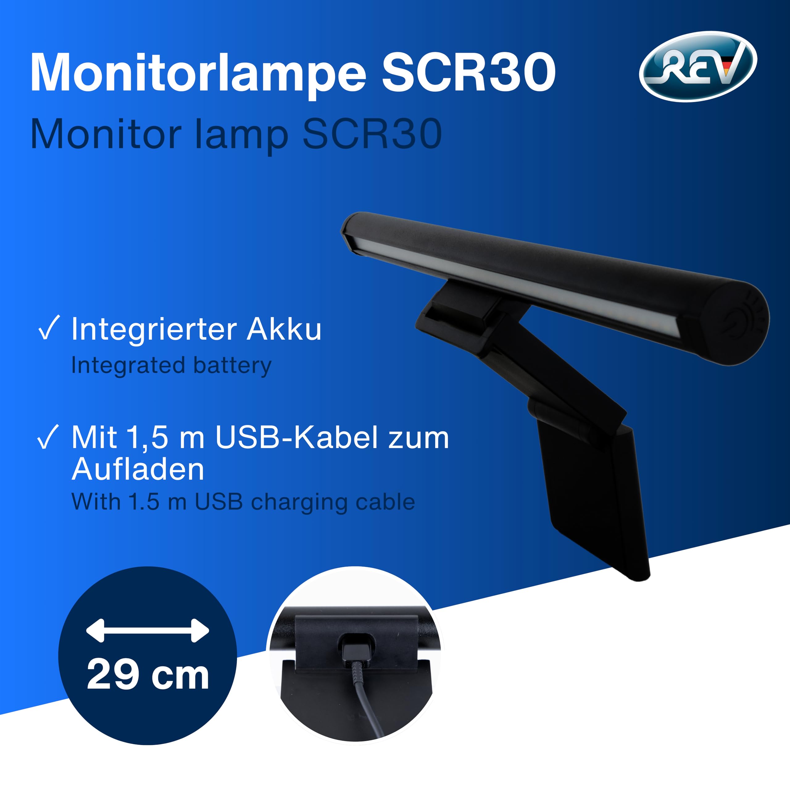 REV Monitor USB lampa z akumulatorem awaryjnym ok. 60 min., 29 cm, zacisk 110 lm, 3 kolory, czarny