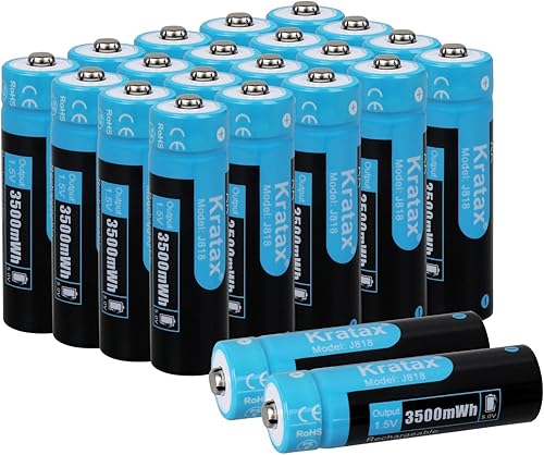 Kratax Baterías recargables AA de 3500 mWh de alta capacidad, doble A, batería de litio de 1.5 V, salida de voltaje constante, 1600 ciclos, para